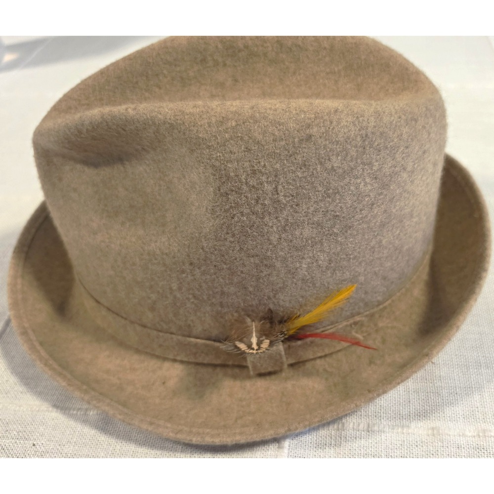 Vintage Pendleton 100% Virgin Wool Fedora Trilby Hat Tan Camel w/ Feather 7 1/8